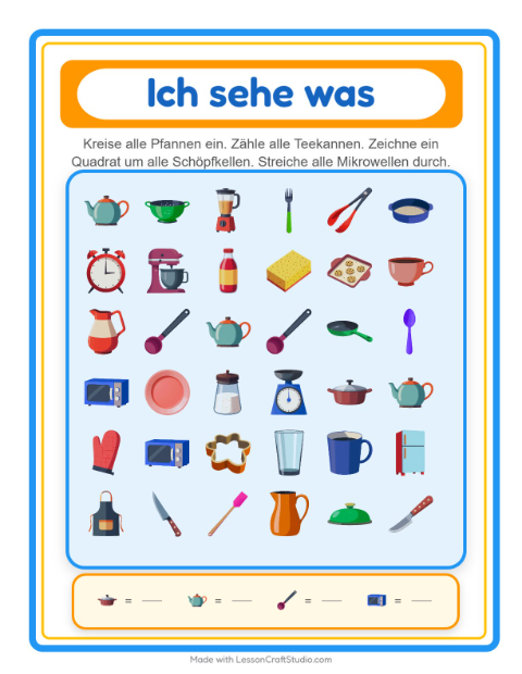 Vorschau: Suchen und zählen-Arbeitsblatt mit Küchenwerkzeuge für Vorschule