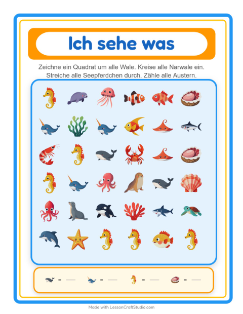 Vorschau: Suchen und zählen-Arbeitsblatt mit Meeresleben für Vorschule