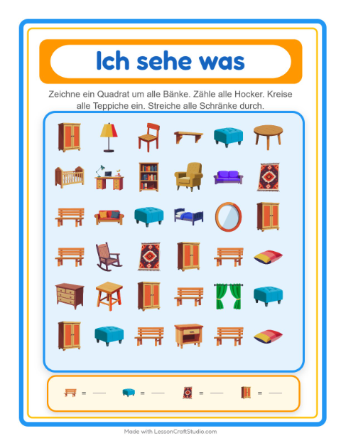 Vorschau: Suchen und zählen-Arbeitsblatt mit Möbel für Vorschule