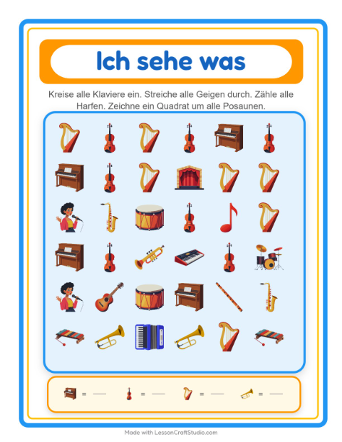 Vorschau: Suchen und zählen-Arbeitsblatt mit Musik für Vorschule