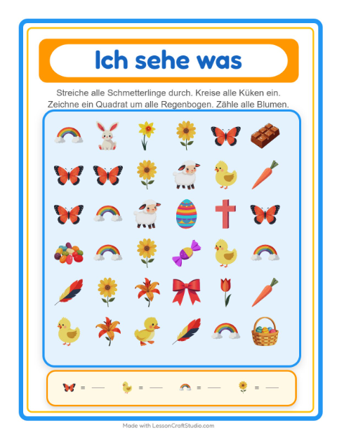 Vorschau: Suchen und zählen-Arbeitsblatt mit Ostern für Vorschule