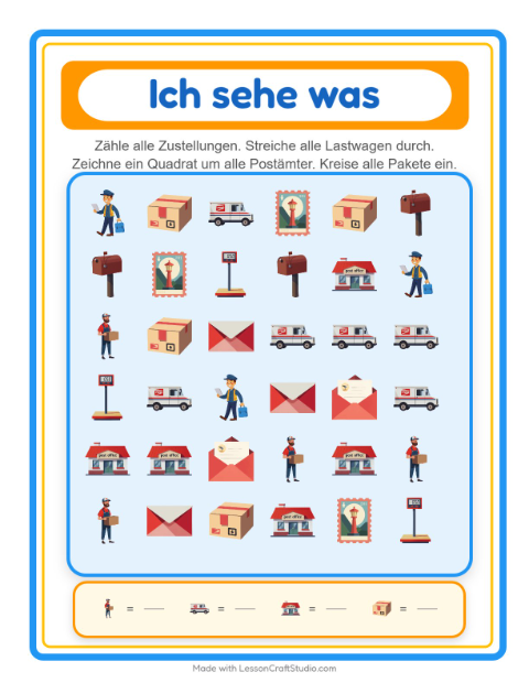Vorschau: Suchen und zählen-Arbeitsblatt mit Postamt für Vorschule
