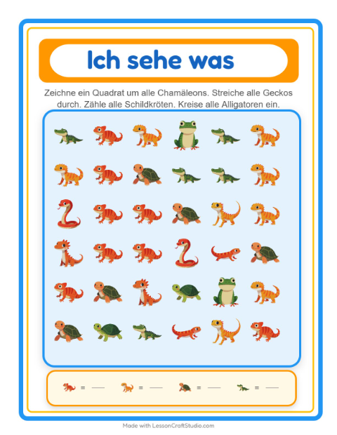 Vorschau: Suchen und zählen-Arbeitsblatt mit Reptilien und Amphibien für Vorschule
