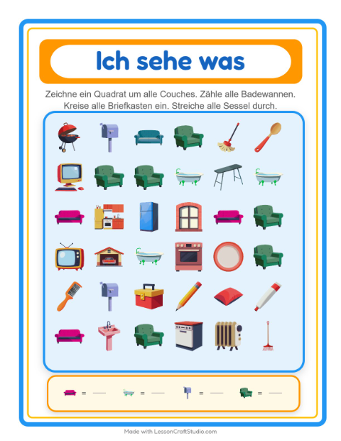 Vorschau: Suchen und zählen-Arbeitsblatt mit Rund ums Haus für Vorschule