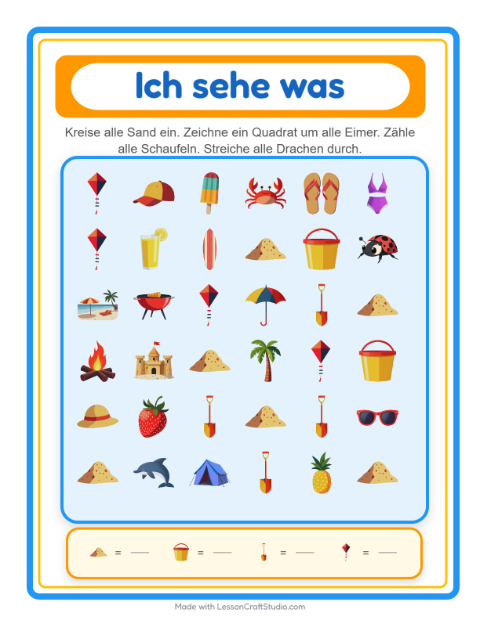 Vorschau: Suchen und zählen-Arbeitsblatt mit Sommer für Vorschule