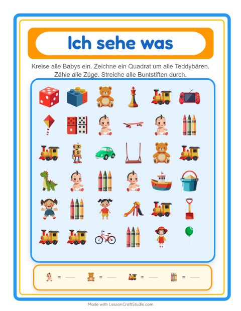 Vorschau: Suchen und zählen-Arbeitsblatt mit Spielzeug für Vorschule