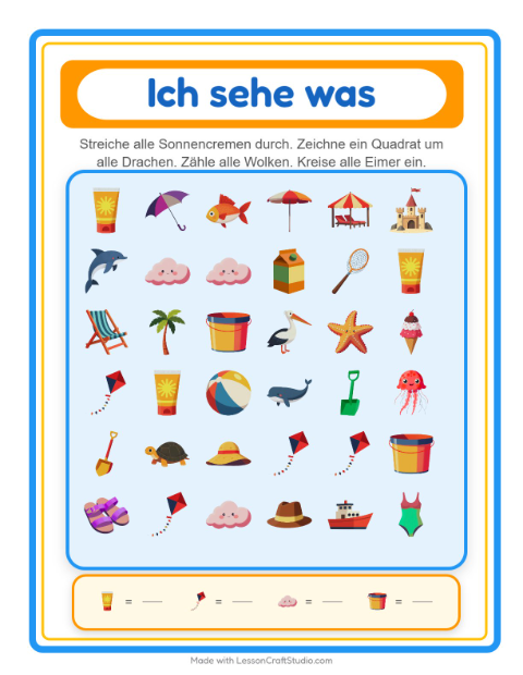 Vorschau: Suchen und zählen-Arbeitsblatt mit Strand für Vorschule