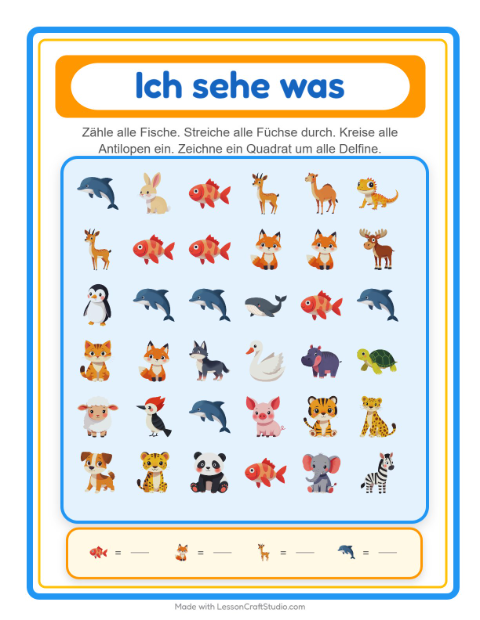 Vorschau: Suchen und zählen-Arbeitsblatt mit Tiere für Vorschule