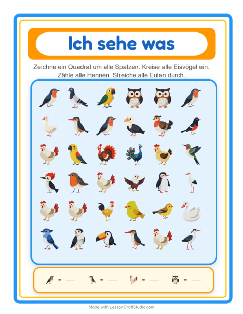 Vorschau: Suchen und zählen-Arbeitsblatt mit Vögel 2 für Vorschule