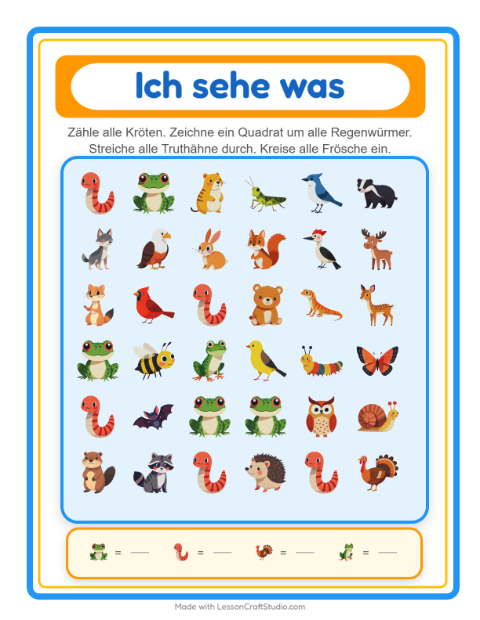 Vorschau: Suchen und zählen-Arbeitsblatt mit Waldtiere für Vorschule
