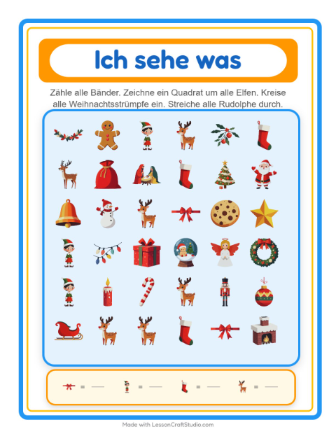 Vorschau: Suchen und zählen-Arbeitsblatt mit Weihnachten für Vorschule