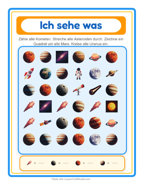 Vorschau: Suchen und zählen-Arbeitsblatt mit Weltraum für Vorschule