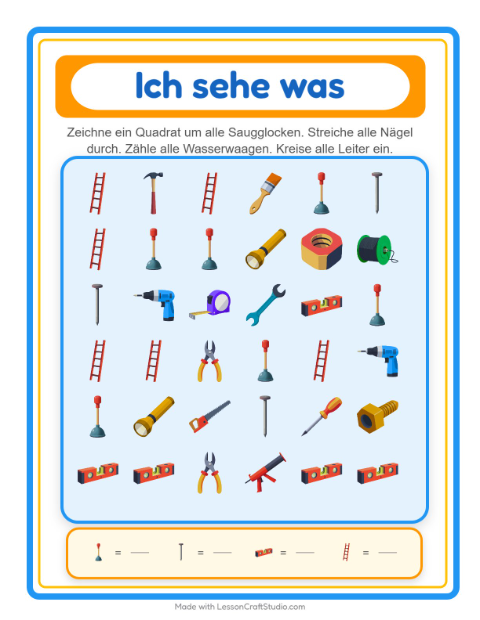 Vorschau: Suchen und zählen-Arbeitsblatt mit Werkzeuge für Vorschule