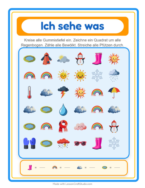 Vorschau: Suchen und zählen-Arbeitsblatt mit Wetter für Vorschule