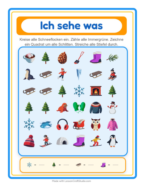 Vorschau: Suchen und zählen-Arbeitsblatt mit Winter für Vorschule