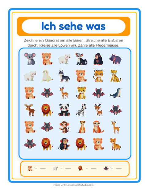 Vorschau: Suchen und zählen-Arbeitsblatt mit Zootiere für Vorschule