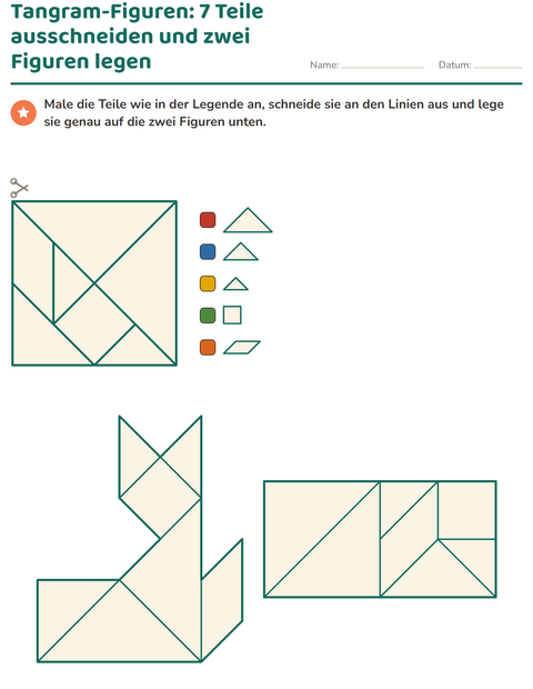 Tangram: sieben Teile ausschneiden und zwei Figuren legen