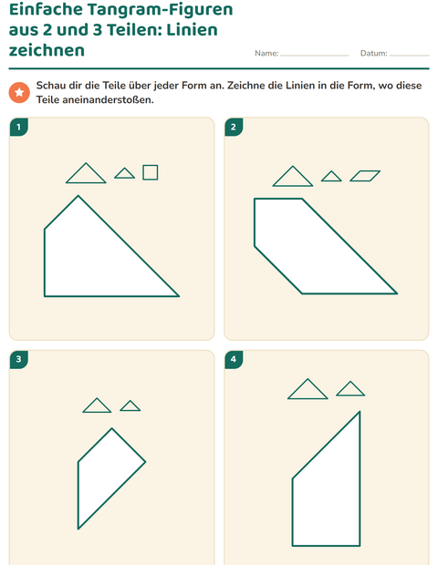 Einfache Tangram-Formen aus zwei und drei Teilen: die Linien einzeichnen
