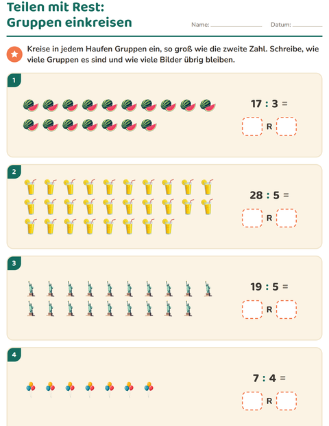 Vorschau: Teilen mit Rest-Arbeitsblatt mit 4. Juli für 3. Klasse
