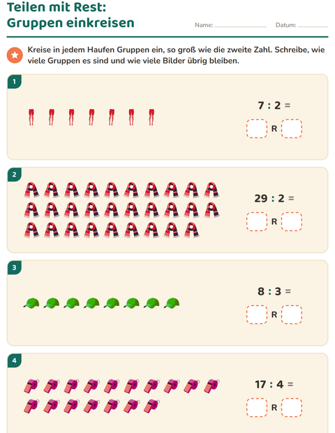 Vorschau: Teilen mit Rest-Arbeitsblatt mit Accessoires für 3. Klasse