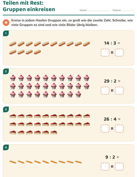 Vorschau: Teilen mit Rest-Arbeitsblatt mit Bäckerei für 3. Klasse