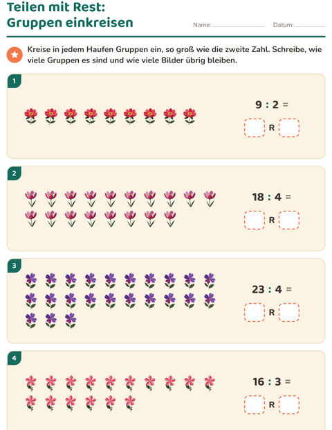 Vorschau: Teilen mit Rest-Arbeitsblatt mit Blumen für 3. Klasse