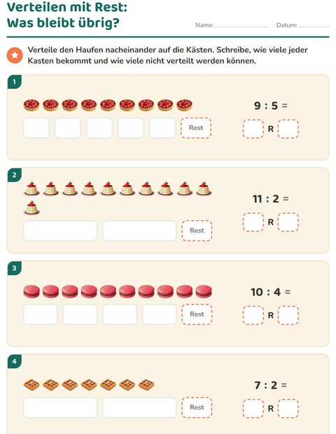 Vorschau: Teilen mit Rest-Arbeitsblatt mit Desserts und Süßigkeiten für 3. Klasse