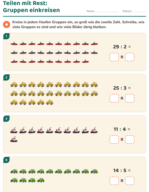 Vorschau: Teilen mit Rest-Arbeitsblatt mit Fahrzeuge für 3. Klasse