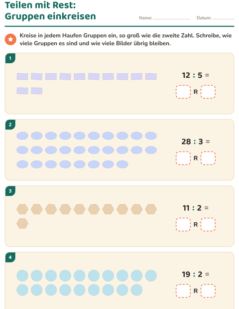 Vorschau: Teilen mit Rest-Arbeitsblatt mit Formen für 3. Klasse