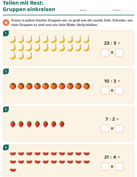 Vorschau: Teilen mit Rest-Arbeitsblatt mit Früchte für 3. Klasse