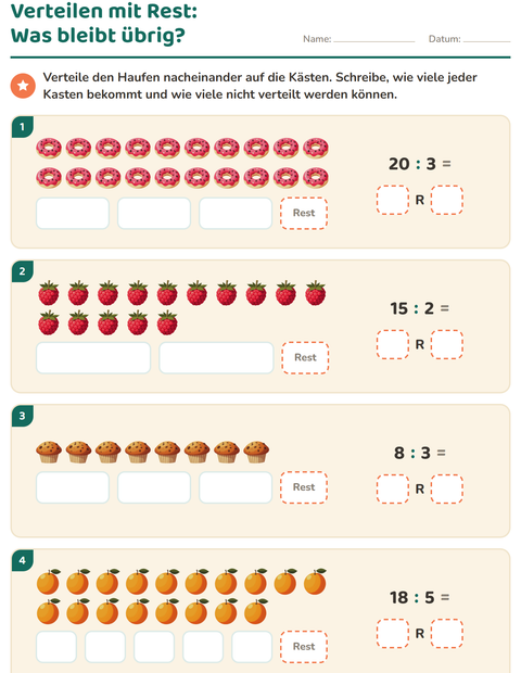 Vorschau: Teilen mit Rest-Arbeitsblatt mit Frühstück für 3. Klasse