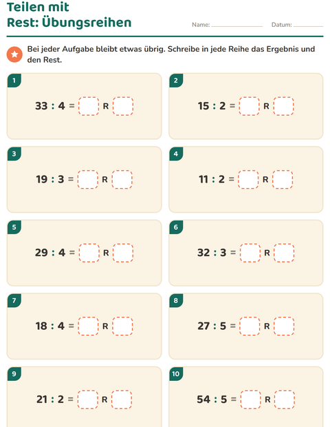 Vorschau: Teilen mit Rest-Arbeitsblatt für 3. Klasse