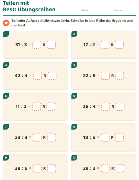 Vorschau: Teilen mit Rest-Arbeitsblatt für 3. Klasse