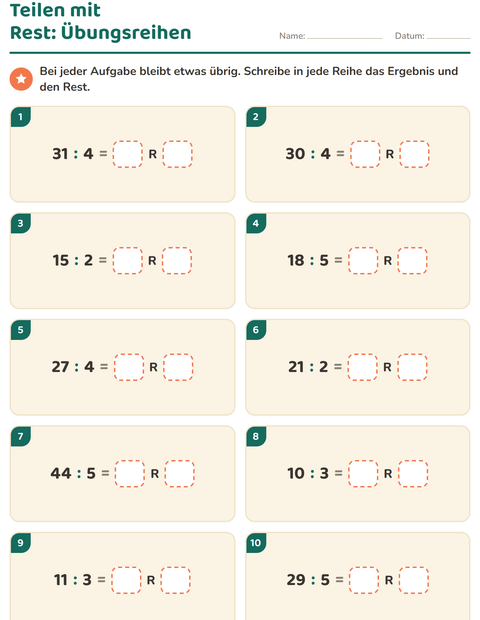 Vorschau: Teilen mit Rest-Arbeitsblatt für 3. Klasse