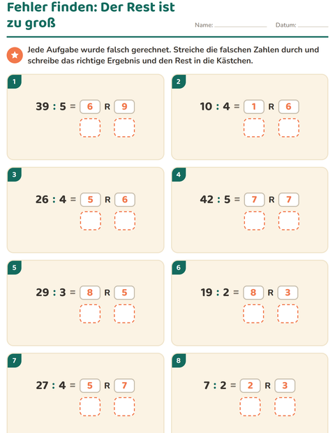 Vorschau: Fehler finden beim Teilen mit Rest – der Rest ist zu groß