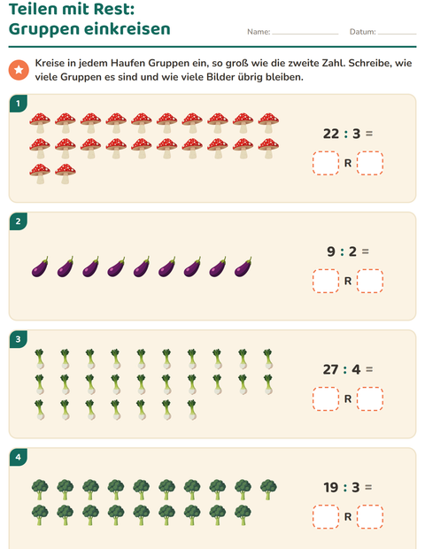 Vorschau: Teilen mit Rest-Arbeitsblatt mit Gemüse für 3. Klasse
