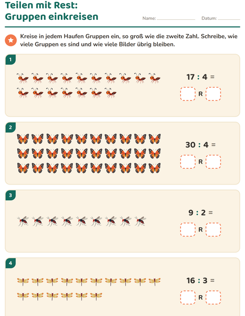 Vorschau: Teilen mit Rest-Arbeitsblatt mit Insekten und Käfer für 3. Klasse