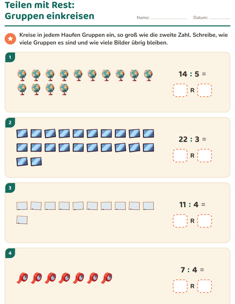 Vorschau: Teilen mit Rest-Arbeitsblatt mit Klassenzimmer für 3. Klasse
