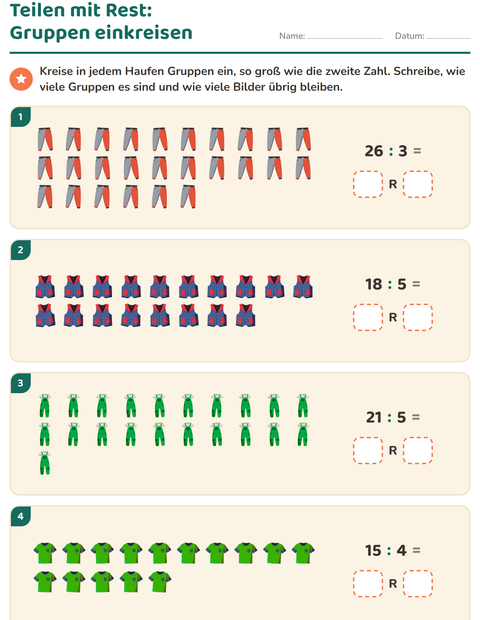 Vorschau: Teilen mit Rest-Arbeitsblatt mit Kleidung für 3. Klasse