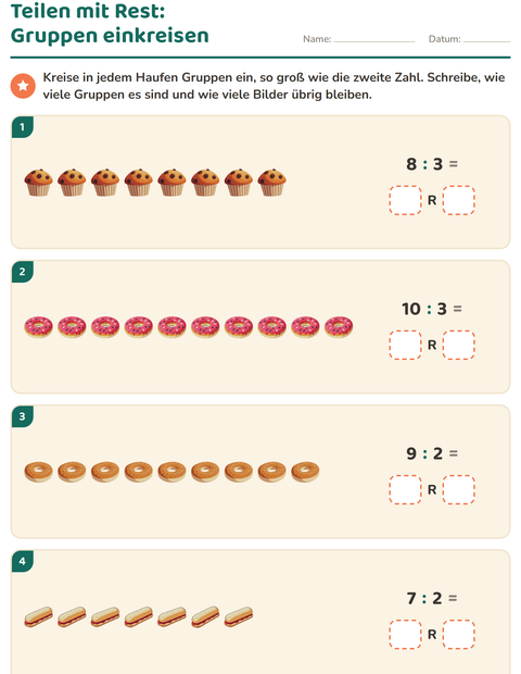 Vorschau: Teilen mit Rest-Arbeitsblatt mit Bäckerei für 3. Klasse