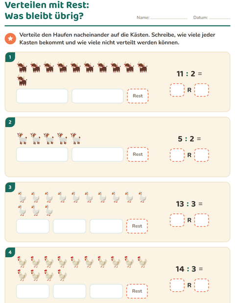 Vorschau: Teilen mit Rest-Arbeitsblatt mit Bauernhoftiere für 3. Klasse