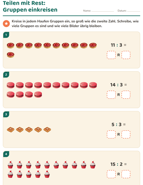 Vorschau: Teilen mit Rest-Arbeitsblatt mit Desserts und Süßigkeiten für 3. Klasse