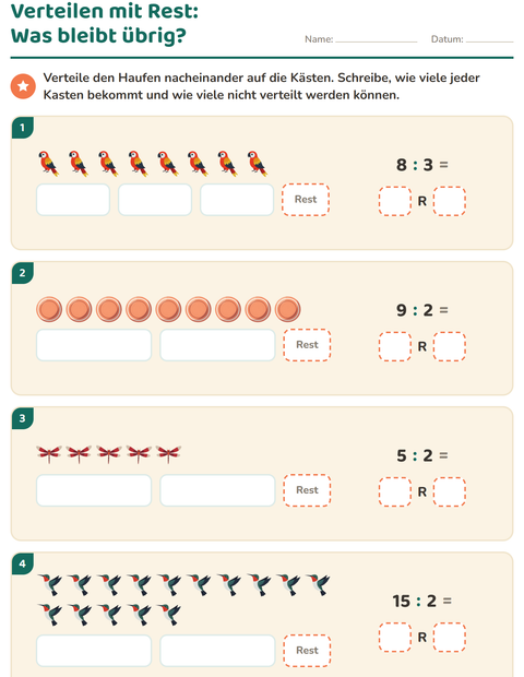 Vorschau: Teilen mit Rest-Arbeitsblatt mit Dinge die fliegen für 3. Klasse