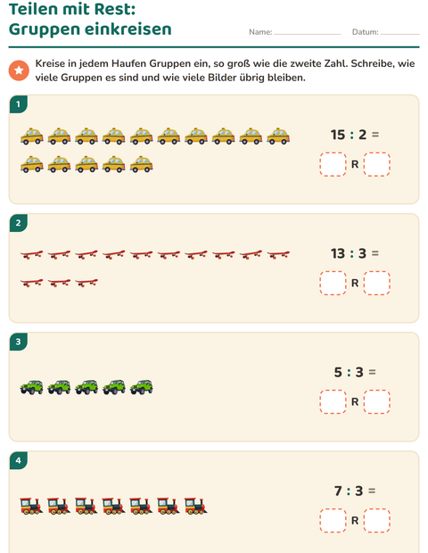 Vorschau: Teilen mit Rest-Arbeitsblatt mit Fahrzeuge für 3. Klasse