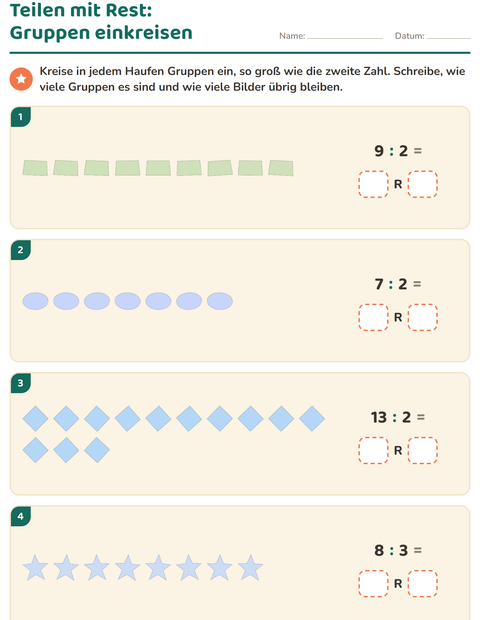 Vorschau: Teilen mit Rest-Arbeitsblatt mit Formen für 3. Klasse