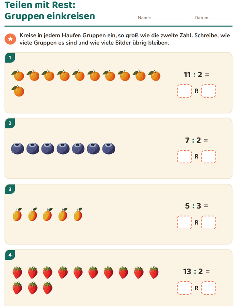 Vorschau: Teilen mit Rest-Arbeitsblatt mit Früchte für 3. Klasse