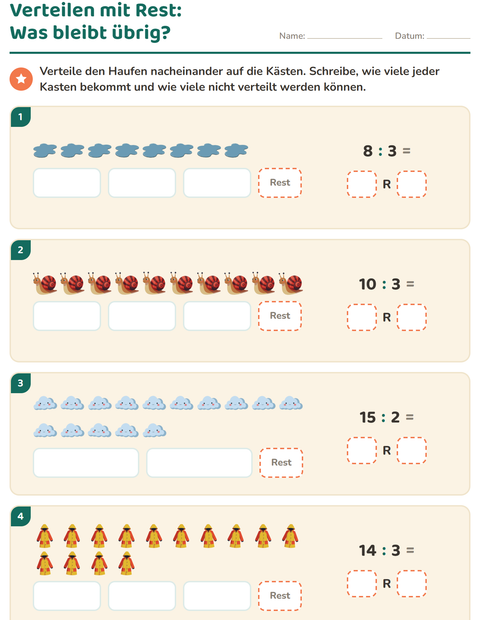 Vorschau: Teilen mit Rest-Arbeitsblatt mit Frühling für 3. Klasse