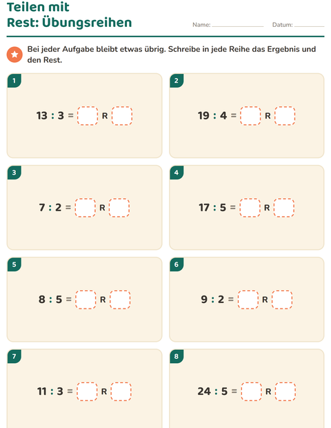 Vorschau: Teilen mit Rest-Arbeitsblatt für 3. Klasse