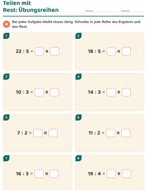 Vorschau: Teilen mit Rest-Arbeitsblatt für 3. Klasse