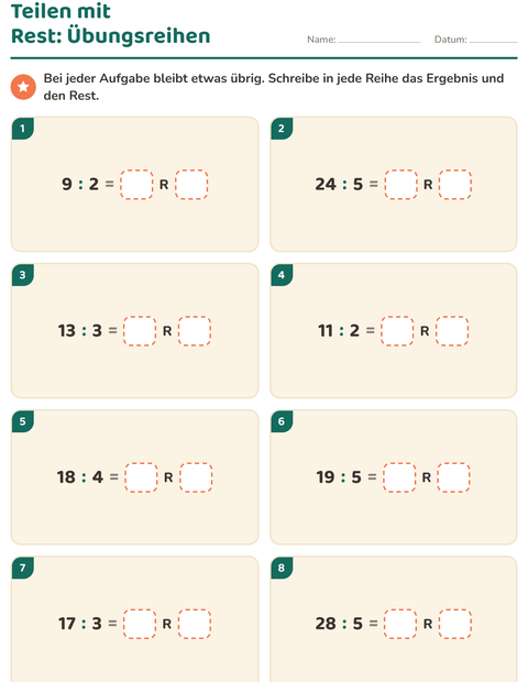 Vorschau: Teilen mit Rest-Arbeitsblatt für 3. Klasse